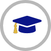 An illustrated icon of a blue graduation cap with yellow string inside a white circle with gray border