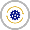 An illustrated icon of a blue gear heart inside a white circle with gray border