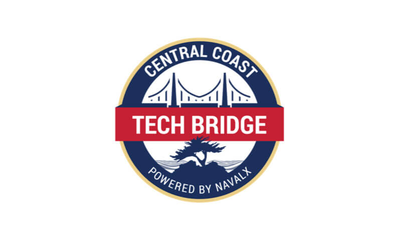 A blue logo with a bridge outline in the middle and the text "Central Coast. Tech Bridge. Powered by Navalx"
